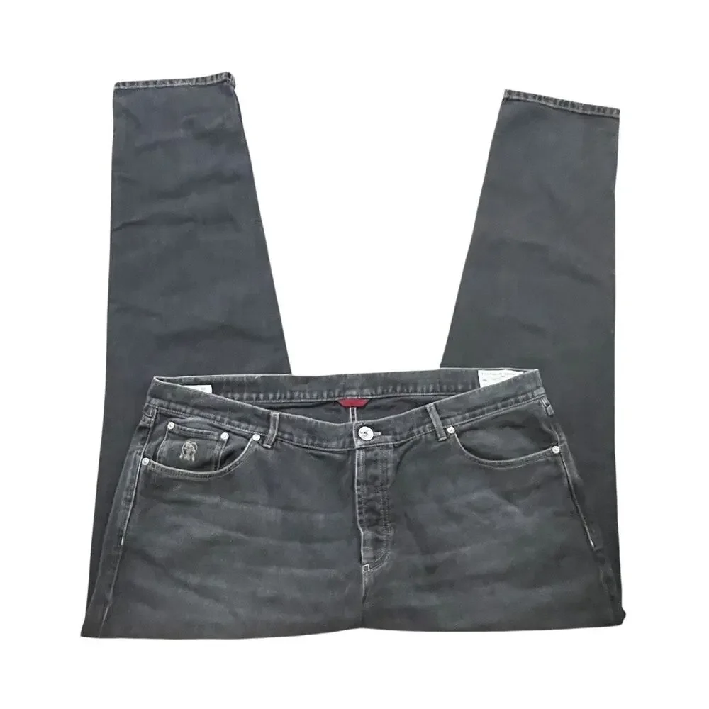 Brunello Cucinelli Jeans 42x34 Black Washed Denim Straight Leg Button Fly Italy